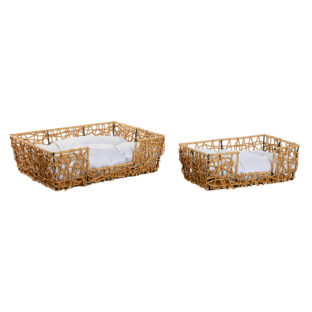 Säng för husdjur Home ESPRIT Vit Ljusbrun Metall syntetisk rattan 50 x 35 x 14 cm (2 Delar)